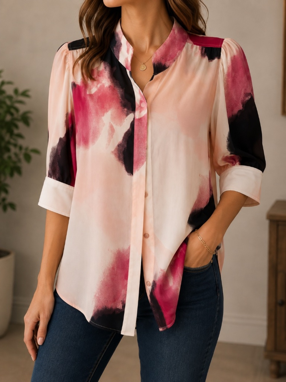 DKNY Pink & Cream Abstract Puff-Sleeve Blouse